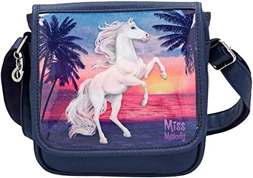 Depesche 10589 Miss Melody - Kleine Umhängetasche mit traumhaftem Pferde-Motiv, dunkelblaue Handtasche mit längenverstellbarem Tragegurt und Überschlag, ca. 6 x 20 x 20 cm