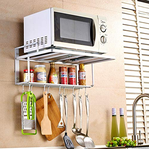 Mikrowelle Regal, Mikrowellen Wandregal Aluminium Mikrowellenhalterung Küche Wandhalterung Ofen Mikrowelle Rack mit Multifunktionshaken Küchen Regal Universal Regal