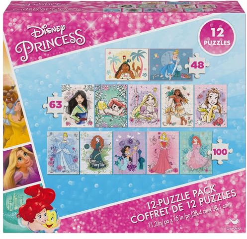 Spin Master Games, Disney Princess 12-Puzzle Bundle - Moana, Ariel, Mulan, Cinderella & More, with 48-Piece, 63-Piece, & 100-Piece Disney Puzzles for Kids, for Ages 4 & Up