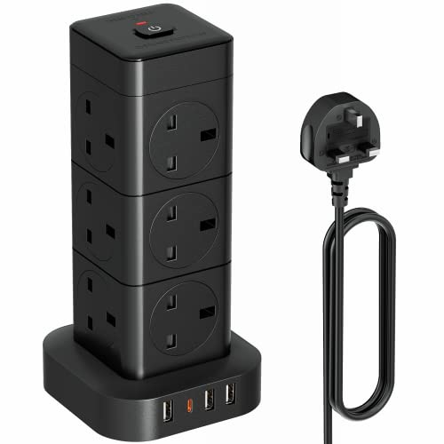Hulker Tower Extension Lead with 4 USB (Type C & 3 USB) Ports - 12 Way Multi Plug Socket, Black, 2M Cord, 3250W, 13A, Vertical, Switch, Overload Protection
