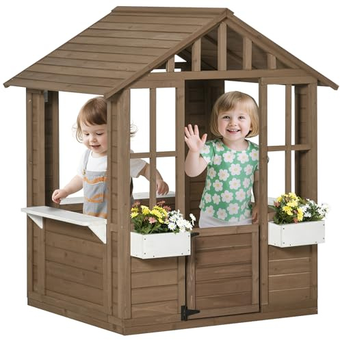 Outsunny Kids Wooden Playhouse, Outdoor Garden Games Cottage, with Working Door, Windows, Flowers Pot Holder, 47 x 38 x 54