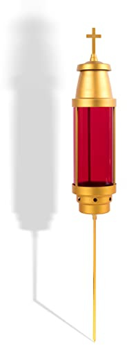 Cemetery Light Candle Holder, Grave Decorations Memorial Lantern with Crosses, Anodized Aluminum Eternal Light Dome Memorial Light Grave Lamp, Red（Includes Solar Candle）