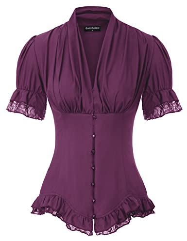 SCARLET DARKNESS Donna Camicia Vittoriana Gotico Camicetta in Pizzo Scollo a V Renaissance Tops | Maniche corte con volant, scollo a V, allacciatura sulla schiena