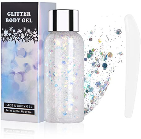 URAQT Body Glitter Gel, Chunky Glitter Gel, Body Lotion Glitzer,Weiß | Flüssiger Lidschatten Meerjungfrau Pailletten Funkelnde für Gesicht Haare Lippen Nägel Make Up Kosmetik Festival Halloween