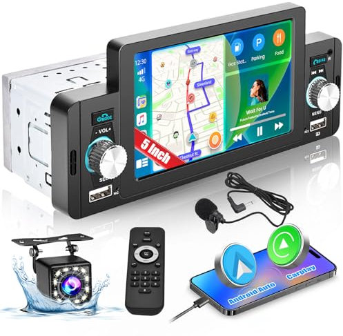 Hikity 1 Din Autoradio Carplay Android Auto Wired 5 Pollici Schermo Stereo Auto Touchscreen con Bluetooth 5.1, Comandi al Volante, Mirror Link, FM, USB, Microfono, Telecamera Posteriore