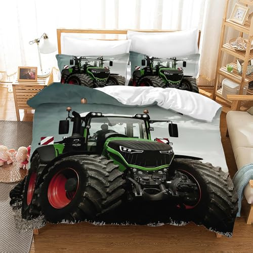 PQCXXA Kinder Traktor Bettwäschem Traktoren bettwäsche Mikrofaser Bettwäsche für Kinder Jungen mit Reißverschluss und 2 Kissenbezug 80x80 cm (Grau, 135x200cm)