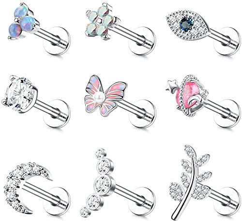 Milacolato 9Pcs 16G/18G Knorpel Tragus Ohrstecker Für Frauen Männer Innengewinde CZ Herz Blatt Helix Muschel Labret Monroe Flache Rückseite Ohrringe Piercing Schmuck