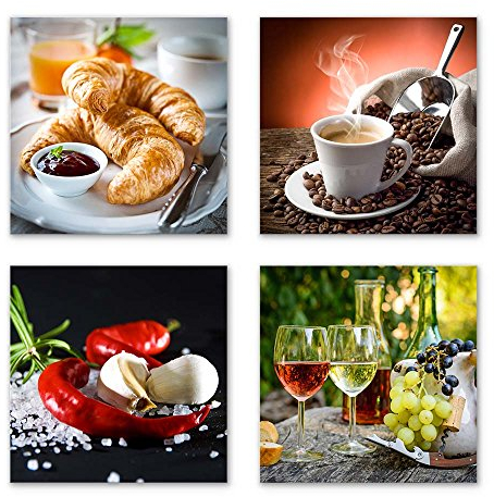 4 moderne Wandbilder Küche - je 50x50cm große Leinwand-Bilder zur Dekoration - ideale Deko für Küchen, Esszimmer, Restaurant, Gaststätte Bilder von Essen, Wein, Zutaten, Frühstück, Set-A