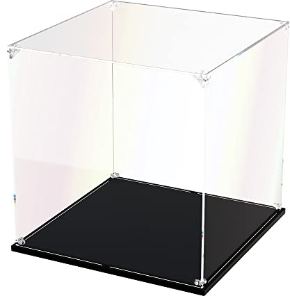 DOFOPO Acryl Vitrine Schaukasten Selbstmontage Klar Acrylbox 30 x 30 x 30cm | Staubdichte Transparente Display Case für Lego Figuren, Modelle Diorama mit schwarzer Basis; Handschuhe Putztuch