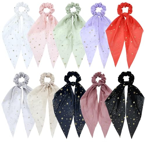 Lawie Paquete de 10 lazos para el pelo de gasa satinada sedosa con cinta larga para el pelo, bufandas, coleteros para el pelo, cintas para el pelo, bufandas, diademas, accesorios para mujeres y niñas