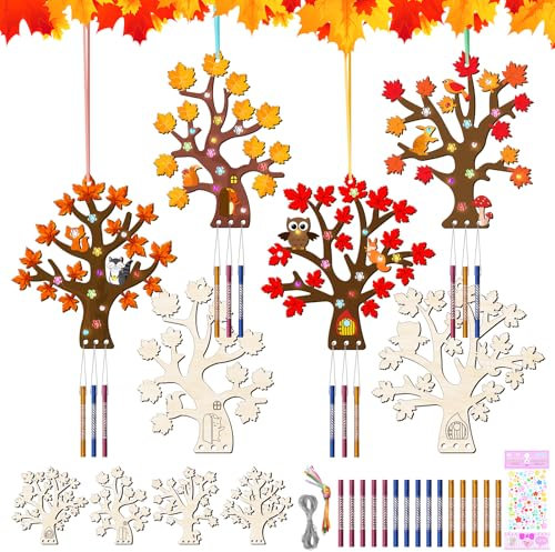 Nourdom 12 Stück Windspiel Bastelset Kinder Herbst Basteln Bastelset für Deko Herbst Basteln,Holz Klangspiel DIY Bastelset Blätter Deko Kinder Geschenk Festliche Geschenk