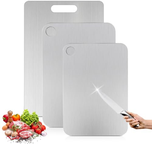 SPORWAY 3 planches à découper en titane : planche à découper en acier inoxydable, planches à découper pour aliments des deux côtés, facile à nettoyer pour viande, légumes, fruits - 24 x 15 cm+30 x 20