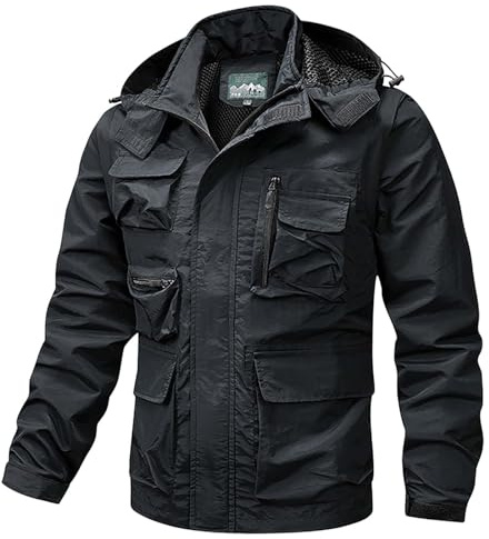 Huvtröja för män, avtagbar arméjacka, utomhus taktisk militärjacka, softshell-jacka för promenader camping med flera fickor hel dragkedja vindjacka kappa vindtät cargojacka, Svart, L