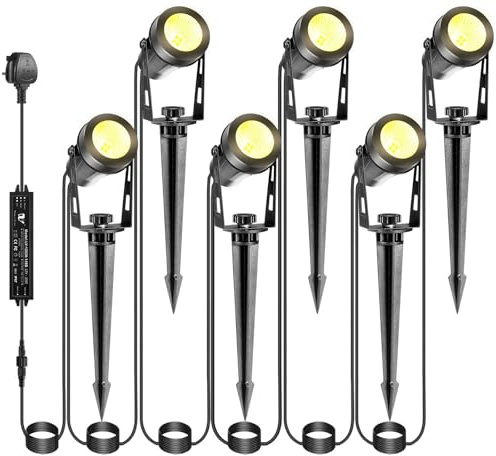 IRISECO 6-1 Garden Spotlights Mains Powered, 21M Outdoor Spot Lights with Adapter, 12V Low Voltage LED Garden Lighting, IP65 Waterproof Spike Lights, Landscape Spotlights for Yard Patio (3000K)