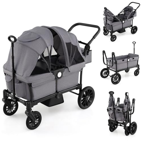 HONEY JOY Wagon Stroller for 2 Kids, 2 Seater Toddler Quad Stroller Wagon, Adjustable Push/Pull Handle Bar, Drop-Down Footwell & Upholstered Seats, Collapsible Kids Wagon with Canopy(Gray)