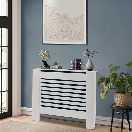 Groundlevel White Wooden Radiator Cover Slatted Vertical Pattern Wood Heating Covers Wood Top Shelf For Living Room Home Bedroom (111 x 82 x19cm)