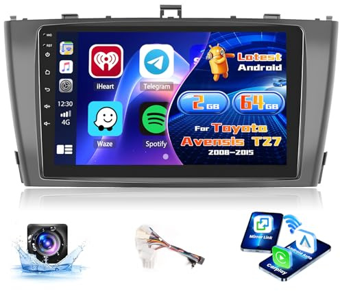 Inefala 2+64G Radio för Toyota Avensis T27 2008-2015 Android med trådlös CarPlay Android Car, 9 tums bilskärm Bluetooth WIFI 26UI GPS FM EQ SWC AHD bakifrån kamera