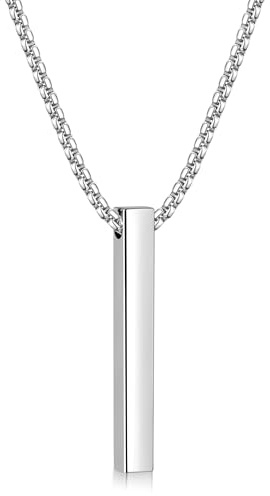 Fiusem Pendant Necklace for Men, Silver Tone Rectangular Pierced Necklace for Mens with 2.5 mm Box Chain, Stainless Steel Bar Chain, 18 Inches