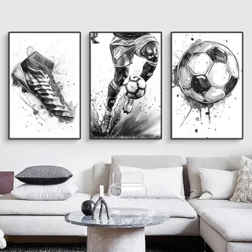 3er Wandbilder Set Schwarz Weiß Fußball Leinwand Kunst Bilder Modern Poster Kunstdruck Bild Wohnzimmer Schlafzimmer Wanddeko Ohne Rahmen