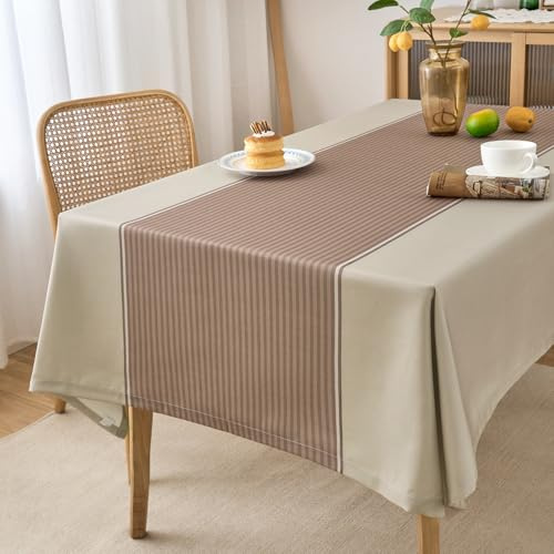 Tischdecke Modern Outdoor Wetterfest 140 x 190 Beige Abwaschbar Tischwäsche Fleckschutz Wasserdicht Tischtuch Hellbeige Gestreift Tischdecken Wasserabweisenden Gartentischdecke für Biertische