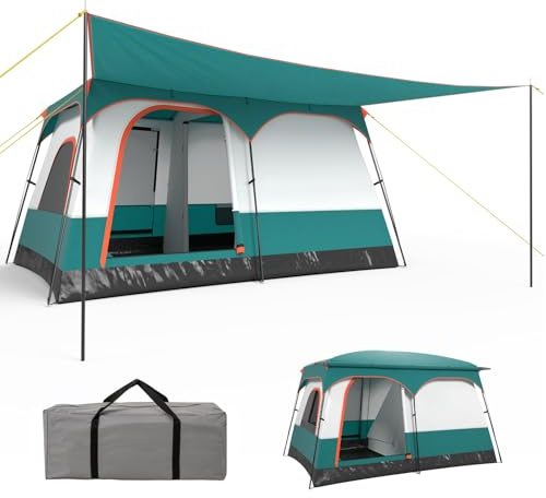 GYMAX Tente Camping Grande avec Auvent et Toit de Lucarne | Auvent et Toit de Lucarne, Bâche Anti-Pluie Amovible, Portes et Fenêtres Enroulable, pour Extérieur Concerts, Pique