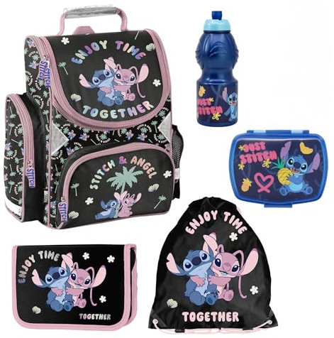 PASO - Schulranzen für Jungen und Mädchen, 5er-Set - Schul-Rucksack für Kinder mit Federmäppchen - Schuhbeutel Brotdose und Trinkflasche - Stitch Motiv - 1-3 Klasse