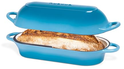 Enamelled Cast Iron Bread Loaf Pot – Dutch Oven for Sourdough Bread Baking – Oven Safe Non Stick Bread Pot – Rectangular, Light Blue, 32cm x 16cm – by Nuovva