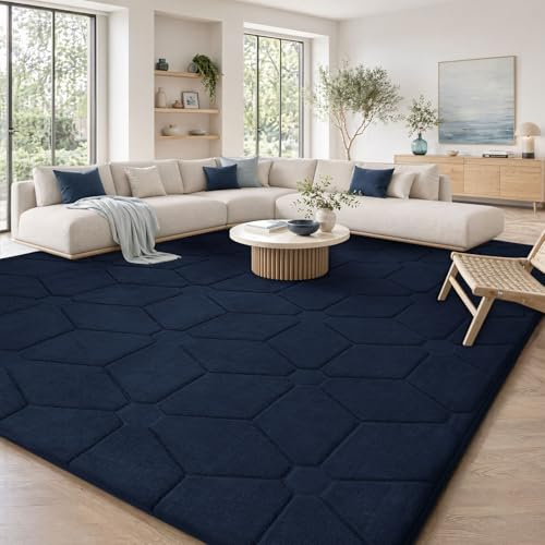 Treeboy Navy Rugs Living for Room 240x300,Extra Large Washable Rug Carpet | Big Thick Shaggy Area Rugs, Anti Slip Soft Fluffy Rug,3D Modern Low Pile Bedside Carpets for Kids Bedroom Nursery No Shedding