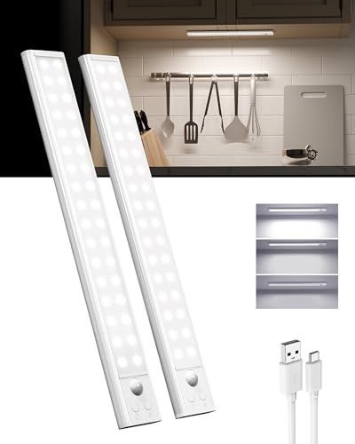 EZVALO Luce LED Sottopensile Per Cucina e Armadio, Sensore Di Movimento 30CM*2Pezzi, Lampada Da Incasso Con 2200 mAh e USB, Luce Fredda Adatto Per Cucine, Armadi e Scale