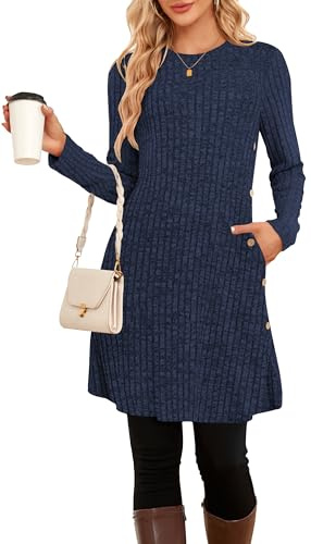 SENBATU Robe Pull d'hiver pour Femme Tunique tricotée à Manches Longues avec Poches Robe boutonnée avec Poches pour Leggings(Bleu,Petit)