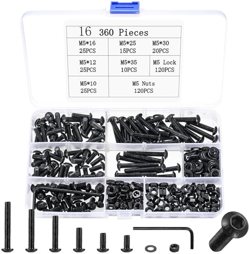 Juego de 360 tornillos M5, de cabeza redonda, juego de tuercas hexagonales, surtido de tornillos de máquina, juegos de tornillos y tuercas negros, juegos de tornillos roscados con arandelas