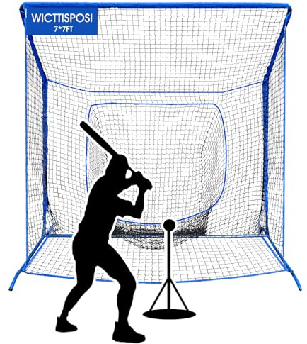 Baseball Softball Net with Blocking System, 7x7FT Practice Cage for Batting Pitching & Fielding, Metal Frame with Elevated Base and Storage Bag for Backyard Outdoor