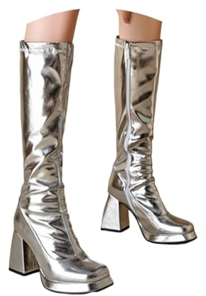 Generisch Long High Boots Women's Elegant High Boots Riding Boots Knee High Boots Winter Half Boots Overknees Zip Winter Boots Long Shaft Boots Winter Shoes Combat Boots, silver, 5.5 UK