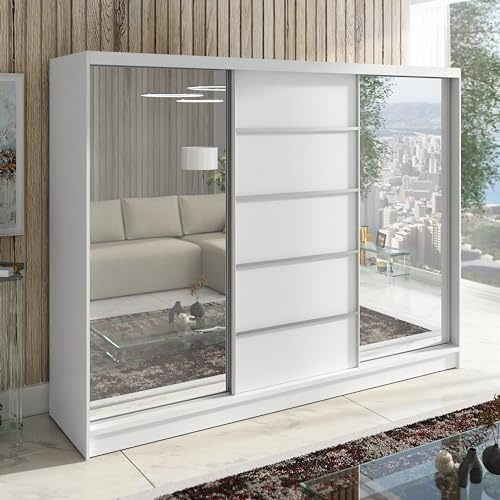 A&J MöbelLand Schwebetürenschrank TOP Kleiderschrank 3-türig 200 cm mit Spiegel und Schubladen, moderner Schlafzimmerschrank mit Schiebetüren (Weiß)