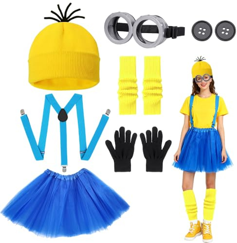 NAVESO 7Pcs Costume Jaune, Costume Carnaval Femme, Deguisement Jaune Femme, Comprenant des Lunettes, Chapeau, Gants, Chaussettes de Jambe, Jupes, Boutons, Bretelles, Accessoires pour Carnaval Cosplay