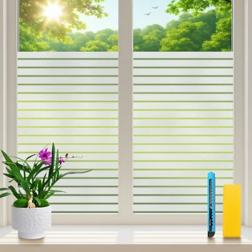 Zindoo Fensterfolie Streifen Sichtschutzfolie Blickdicht Statisch Haftend Ohne Klebstoff Milchglasfolie Anti-UV Geeignet für Büro, Wohnzimmer, Balkon 75 x 120 cm