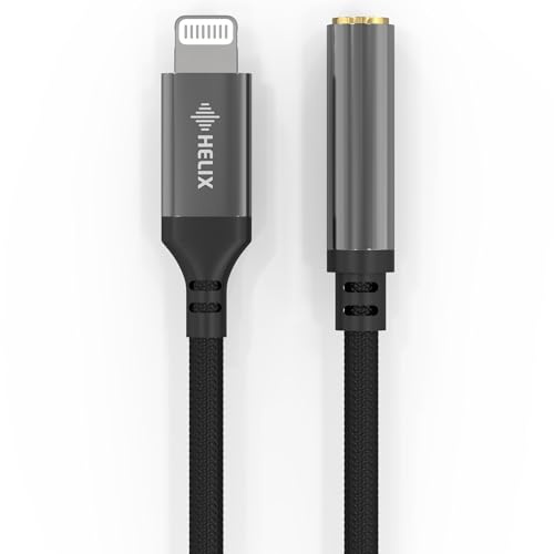 Helix Five Lightning to 3.5mm Headphone Adapter – Audio Chip with 48kHz/16bit Decoding, Gold-Plated, Braided Cord, 4-Core Shielded Cable – Phone Audio Adapter for Headphones – Silver/Black