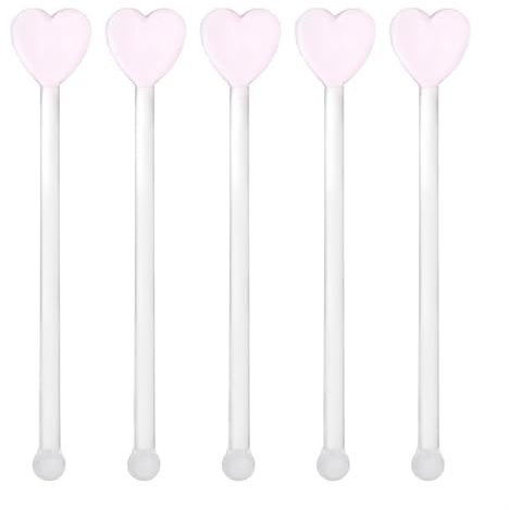 RUNROTOO 5 Pack Glass Cocktail Stirrer Rods, Heart Shaped Wine Mixing Stick for Drinks, 5.1 Inch Long Home Bar Accessory for Party Bartending