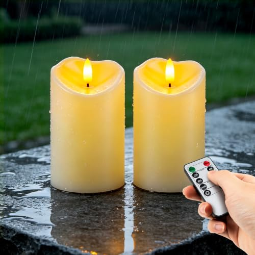 AMAGIC Dark Ivory Outdoor LED Pillar Candles Flameless Candle Set of 2 | Waterproof Candles with Remote Control and Timer, Warm Yellow Glow for Outside Garden, Patio and Bathroom Bedroom Decoration
