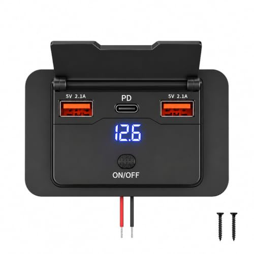 12V 24V USB Charger Socket Panel 51W PD Fast Charge Dual USB LED Voltmeter | 51W USB-C PD fast charging panel with dual USB ports, LED voltage display, ON/OFF switch for 12V-24V vehicles.