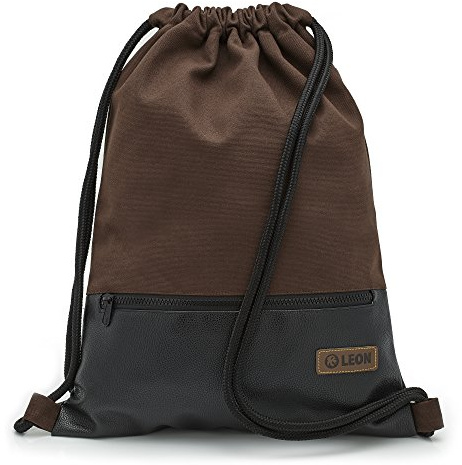 By Bers LEON Sacca da palestra, grande tasca esterna con cerniera, tasche interne, zaino da donna e da uomo, in pelle vegana, marrone_nero_PU, 45x35x2cm, Sacca da palestra