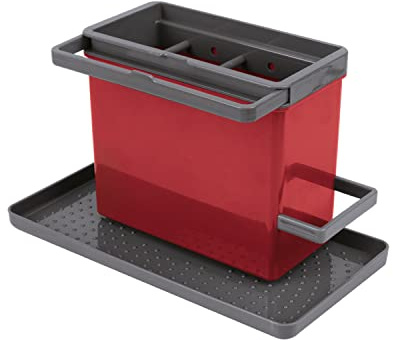Metaltex Tidy-Tex Kitchen Sink Organiser - Storage Caddy and Tray for Kitchen Cleaning Essentials - Grey-Red, 24 x 13 x 14 Centimetres