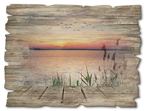 ARTland Wanddeko Bild aus Holz Holzbild vintage Deko 40x30 cm Querformat See Ufer Küste Steg Sonnenuntergang Gräser Wolken Maritim T9QD