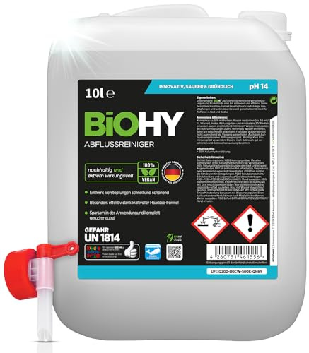BiOHY Abflussreiniger (10 Liter Kanister) + Auslaufhahn | mit spezieller Haarweg-Formel | Bio Konzentrat für Küche & Bad | entfernt selbst hartnäckigste Verstopfungen | ohne ätzende Dämpfe & Gerüche
