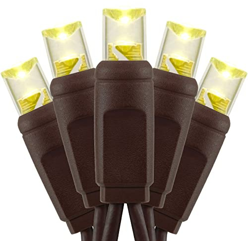 YULETIME Warm White 5MM LED Christmas Lights, 33 ft 100 Count 4 Spacing One-Piece High Waterproof Wide Angle UL Certified String Light (Warm White - Brown Wire)