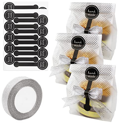 YankMooM 100pcs Plastic Cookie Bags,Translucent Candy Bags Food Wrapping bags with 100pcs Stickers and 1 Roll Ribbon for Candy Cookie Chocolates Popcorn Bakery Birthday Wedding Party