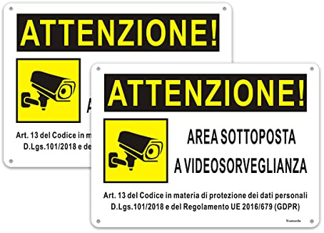 2pz Cartelli area videosorvegliata per ragioni di sicurezza 25 x18cm in Alluminio Cartelli videosorveglianza per proprietà privata e negozio