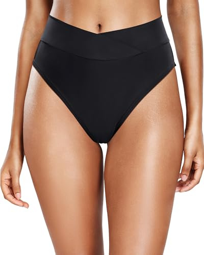 Tempt Me Women Black High Waisted Bikini Bottom Crossover V Cut Bathing Suit Swim Bottom L