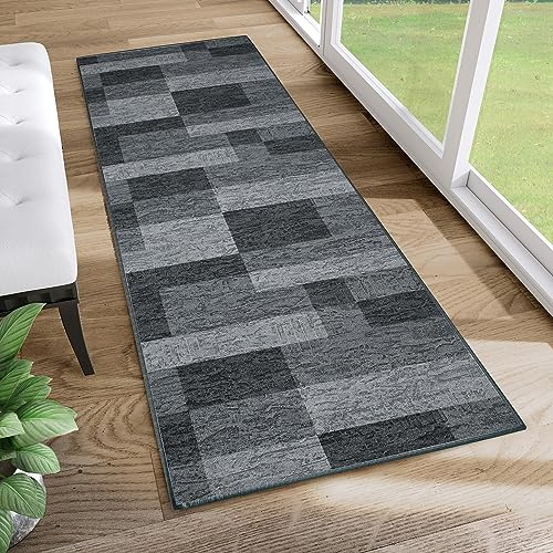 TAPISO Anti Rutsch Teppich Läufer rutschfest Brücke Meterware Modern Bsalt Dunkelgrau Viereck Geometrisch Design Flur Küche Wohnzimmer Diele 67 x 200 cm