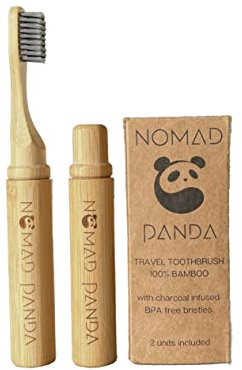 Nomad Panda Bamboo Travel Toothbrush Set, Charcoal Natural Bristle Toothbrush, Set of 2 Bamboo Tooth Brushes, Toothbrush Travel Case, Portable Toothbrush, Dental Brush